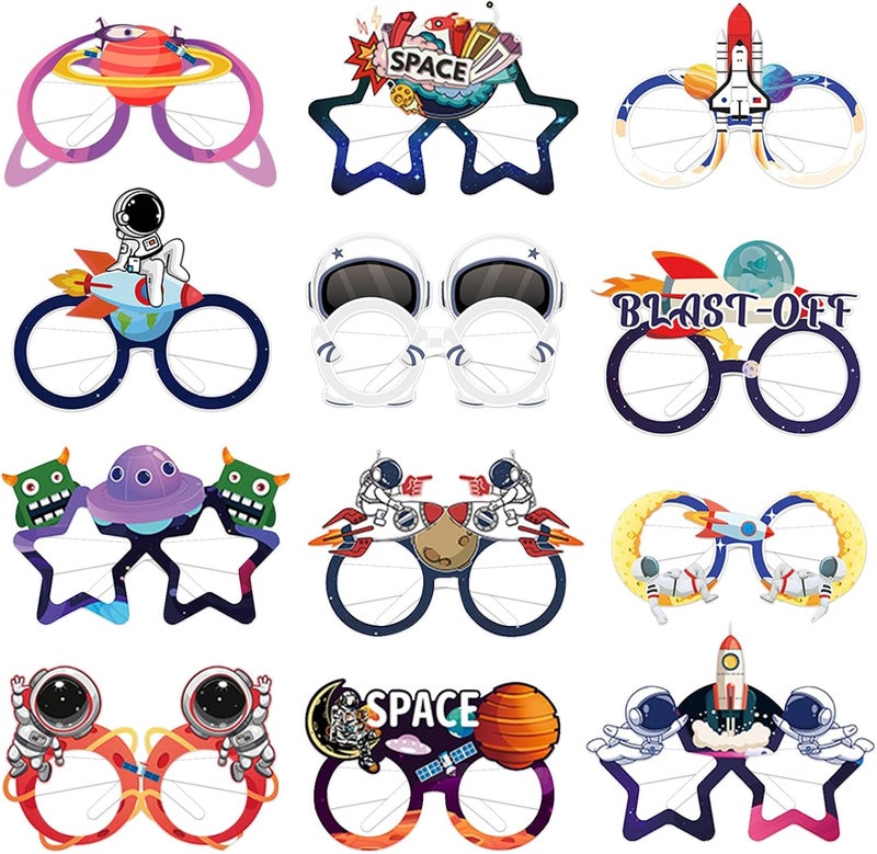 Runloon 12PCS Outer Space Glasses, Astronaut Paper Eyeglasses Photo Booth Props for Outer Space Birthdays Party Supplies - Image 1